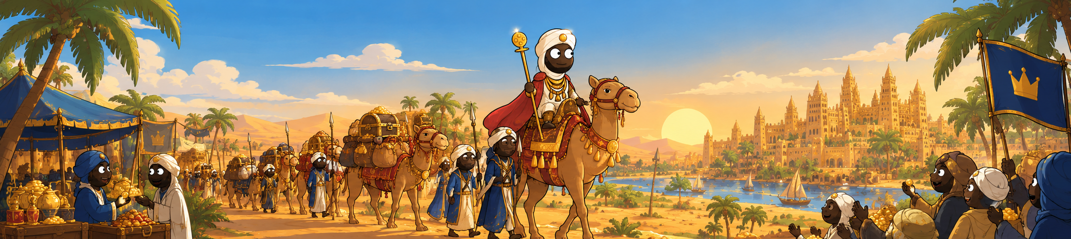Mansa Musa’s gold caravan approaching a desert city