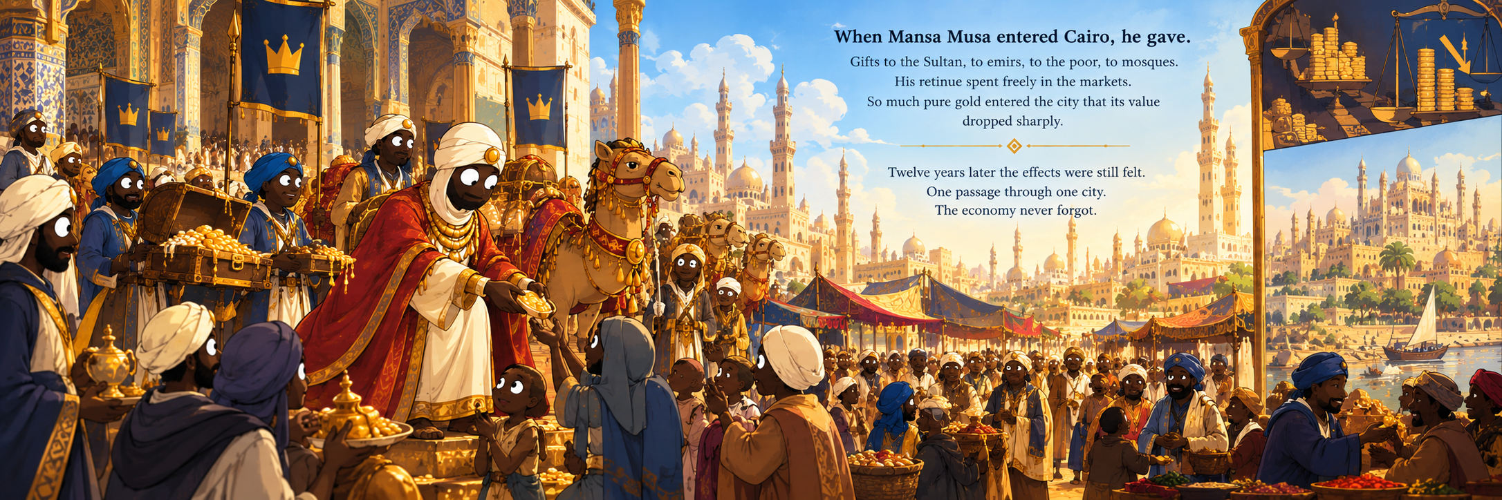 Mansa Musa giving gold in Cairo until the city’s economy remembered